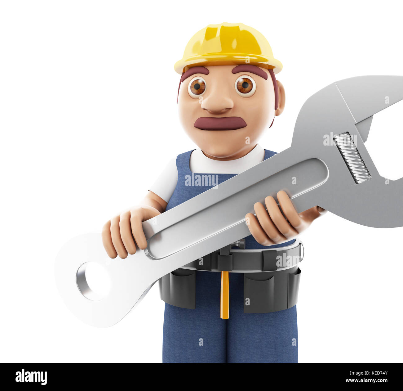 Person Using Wrench 3d illustration. Worker with huge wrench. Construction concept ...