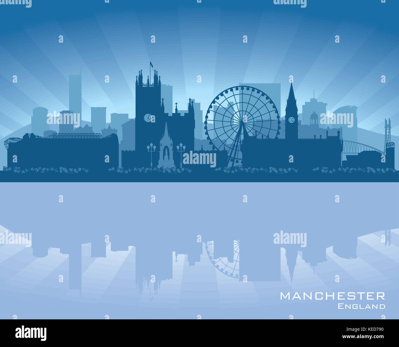 Manchester, England skyline with reflection in water Stock Vector