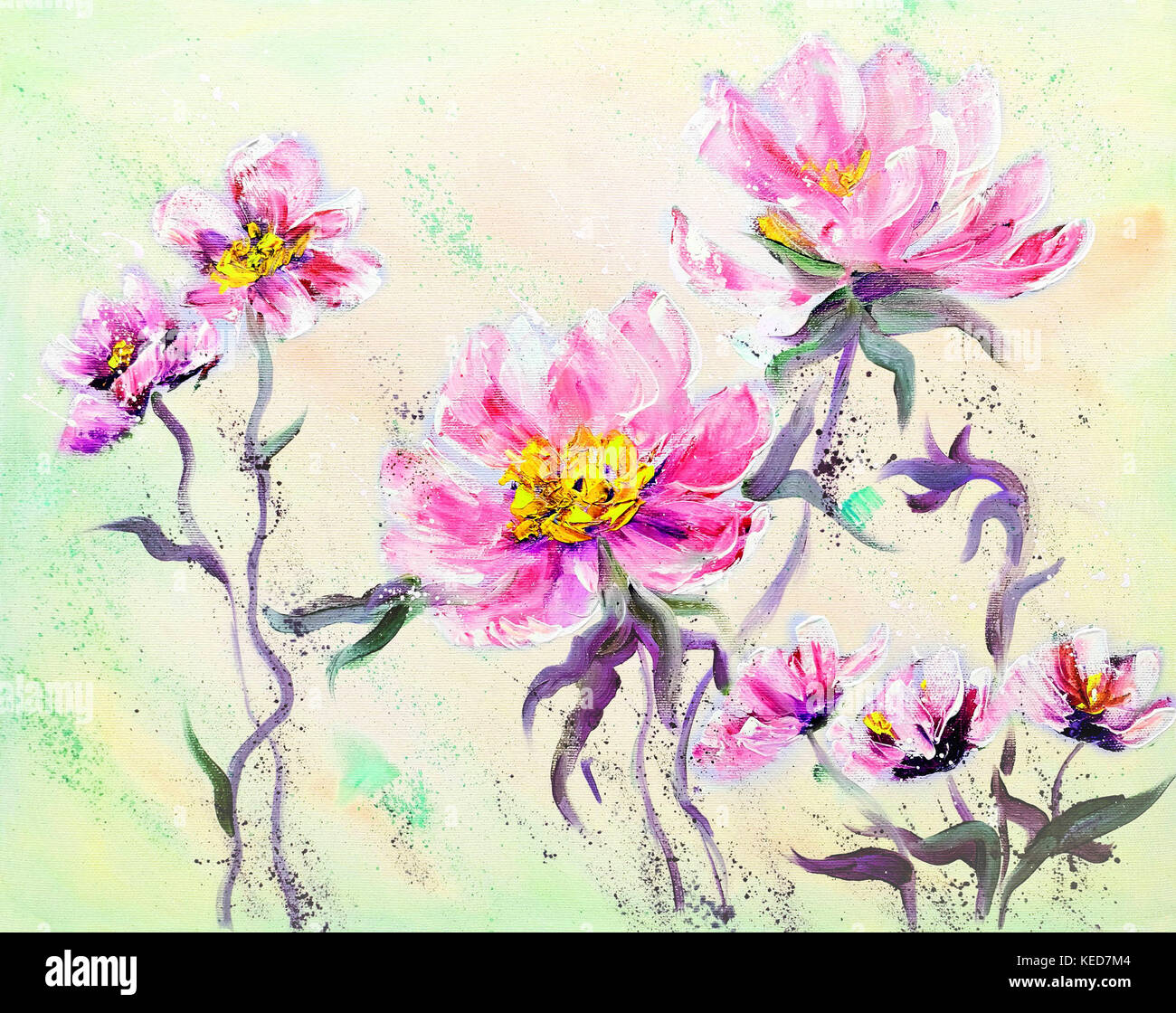 Hand painted modern style Pink peonies flowers. Stock Photo