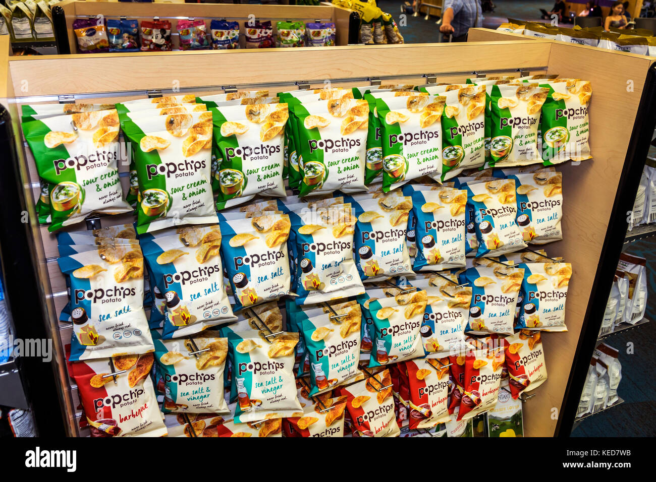 Miami Florida,MIA,Miami International Airport,concession,sundries,snacks,potato chips,Pop Chips,display,sale,junk food,FL170628010 Stock Photo