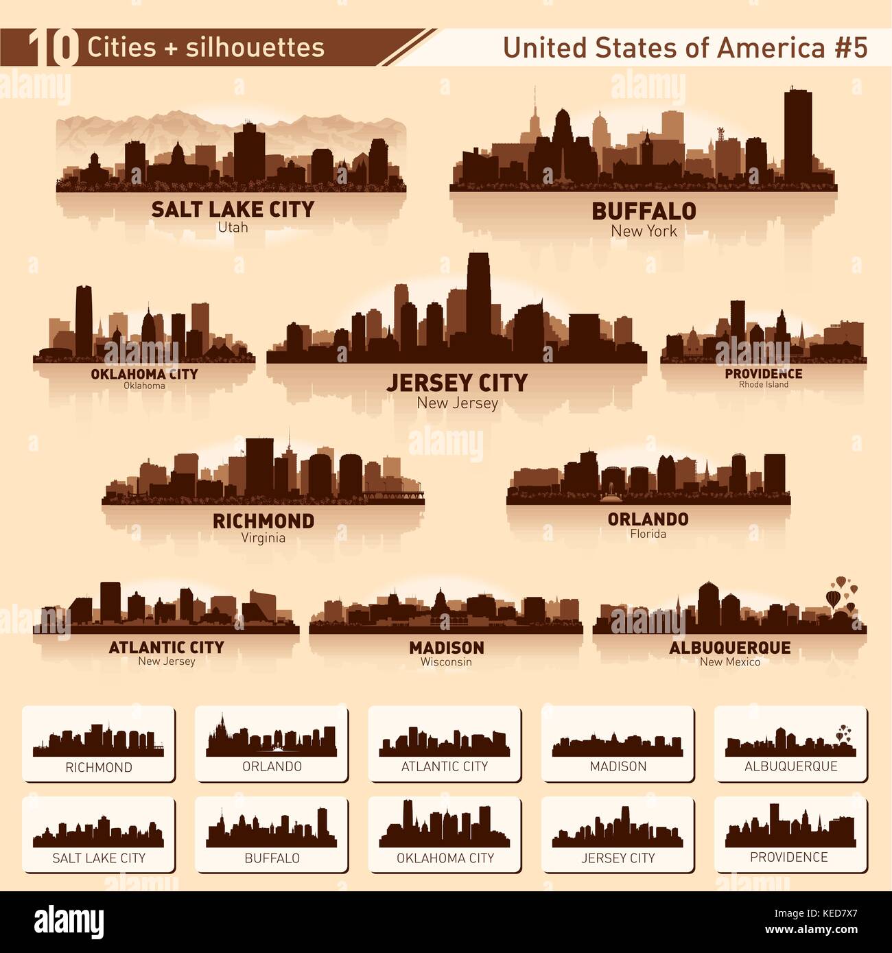 City skyline set. 10 city silhouettes of USA #5 Stock Vector Image ...