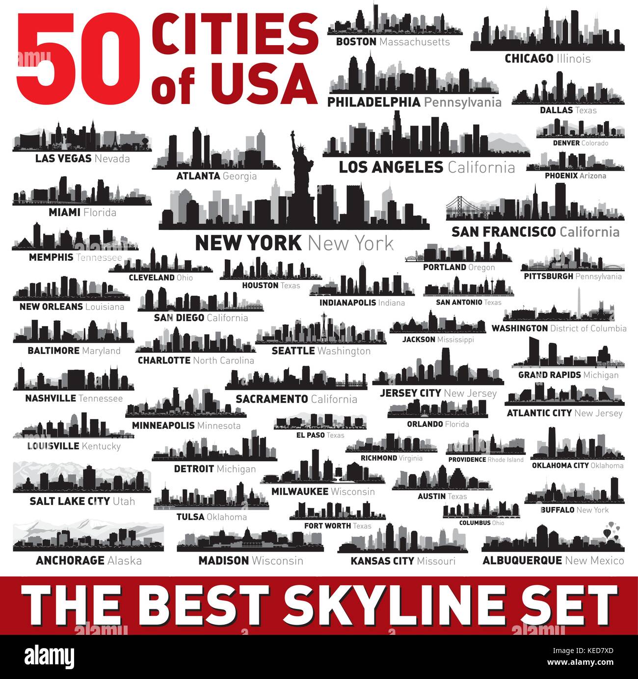 Super city skyline set. 50 vector city silhouettes of USA Stock Vector