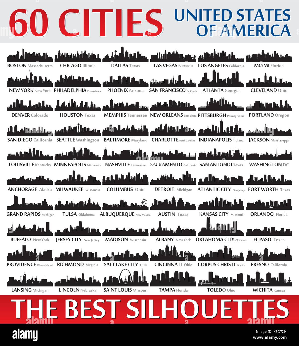 Incredible skyline set. 60 city silhouettes of United States of America Stock Vector