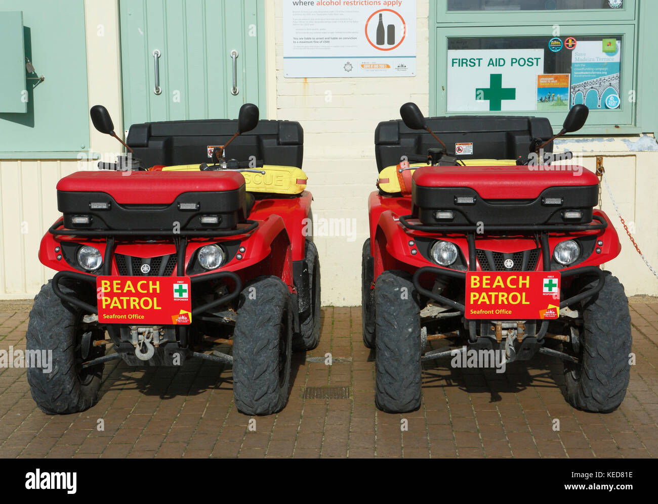 Beach patrol quad bikes at the seafront office / first aid post, Brighton, East Sussex, England, UK Stock Photo