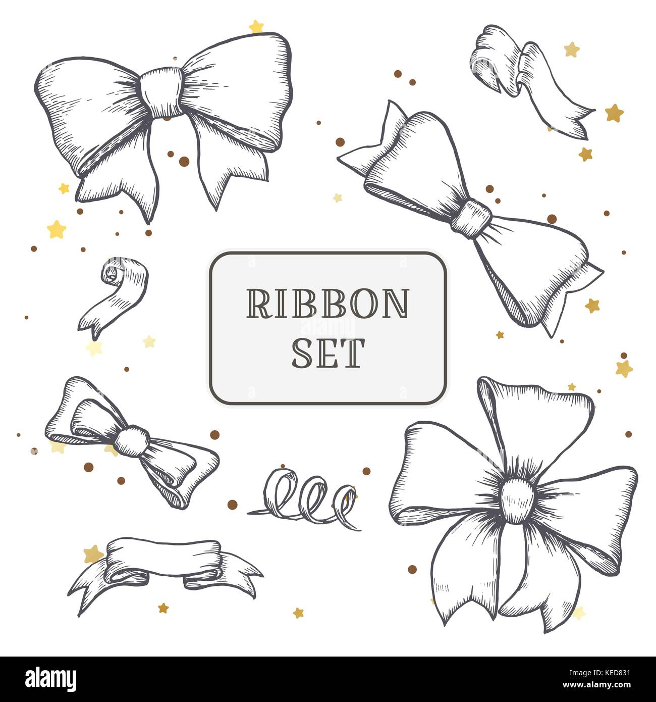 set of vintage hand drawn ribbon bows. Vector illustration Stock Vector