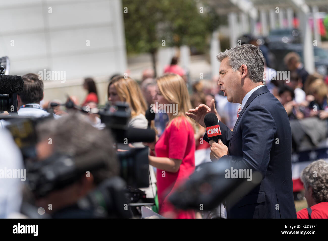 CNN report Jim Acosta during a live report of the GOP Presidential nominee Donald Trump arrival for the Republican National Convention July 20, 2016 in Cleveland, Ohio. Trump was welcomed by his children and Vice Presidential nominee Gov. Mike Pence. Stock Photo