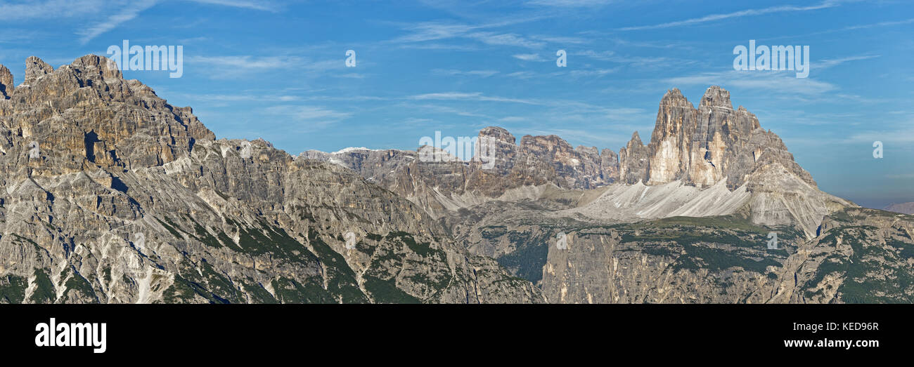 Panoramic view North face of the Three Peaks, Sesto Dolomite, South Tyrol, Italy, Europe Stock Photo