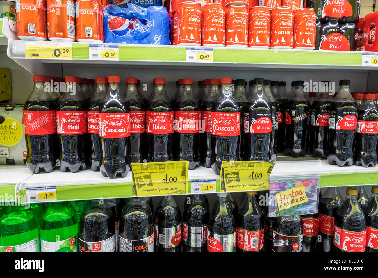 Lisbon Portugal,Supermercado Minipreco,Rua Alexandre Herculano,supermarket,grocery store,shelf shelves,soda,Coca Cola,Coke,soft drink drinks bottle,ca Stock Photo