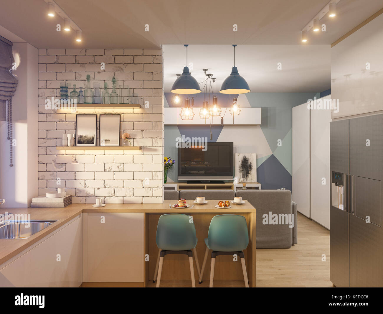 3d illustration living room and kitchen interior design. Modern Stock Photo - Alamy