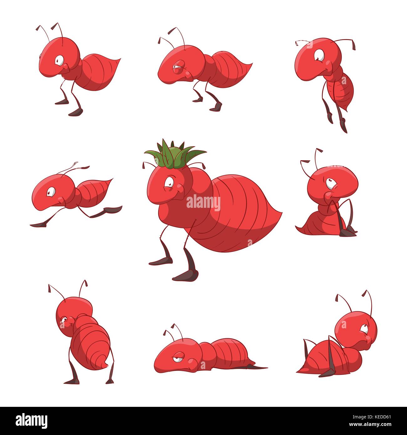 Collection of colorful vector cartoon ants. Queen and workers. Stock Vector
