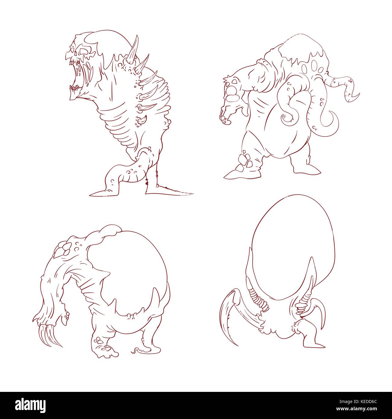 Collection of line drawn vector illustrations of alien mutant monsters Stock Vector