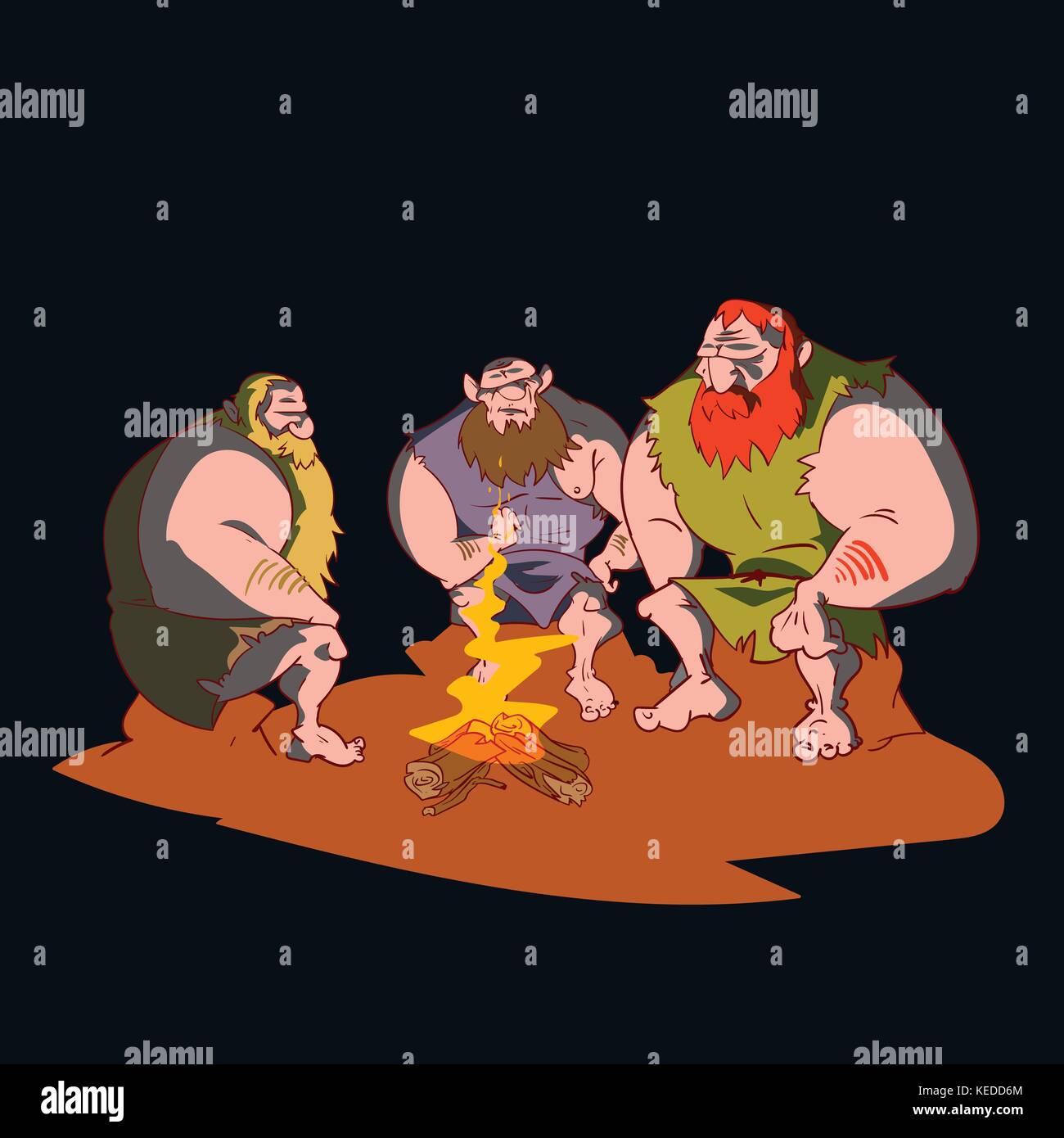 Colorful vector illustration of three cavemen sitting around a campfire at night. Stock Vector