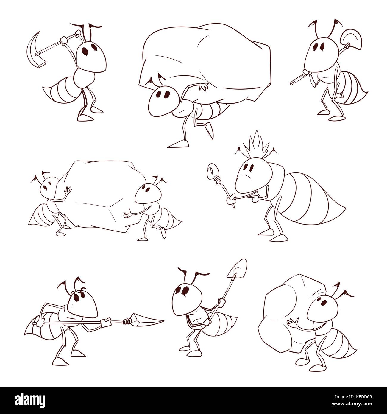 Collection of line drawing vector illustrations of cartoon ant colony Stock Vector
