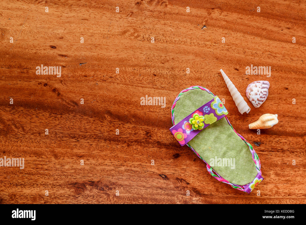 purple baby sandal with seashells arranged on a wood grain background KEDDBG