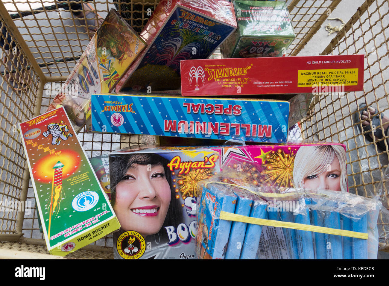 HYDERABAD,INDIA-20th OCTOBER,2017.Firecrackers for sale on diwali at a shop in Hyderabad,India Stock Photo