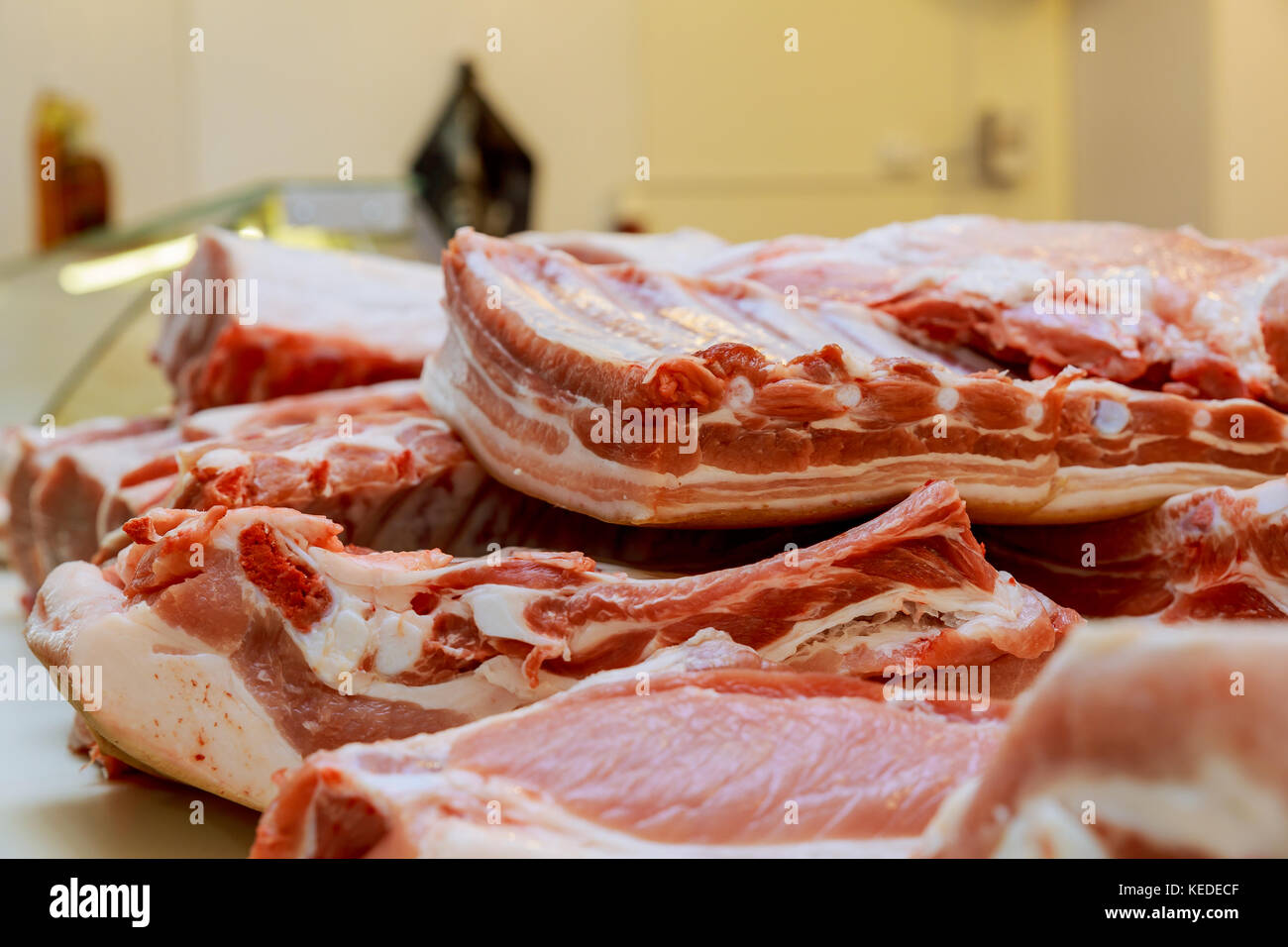 Fresh pork is sold in the fresh market. pork fat on the market Stock