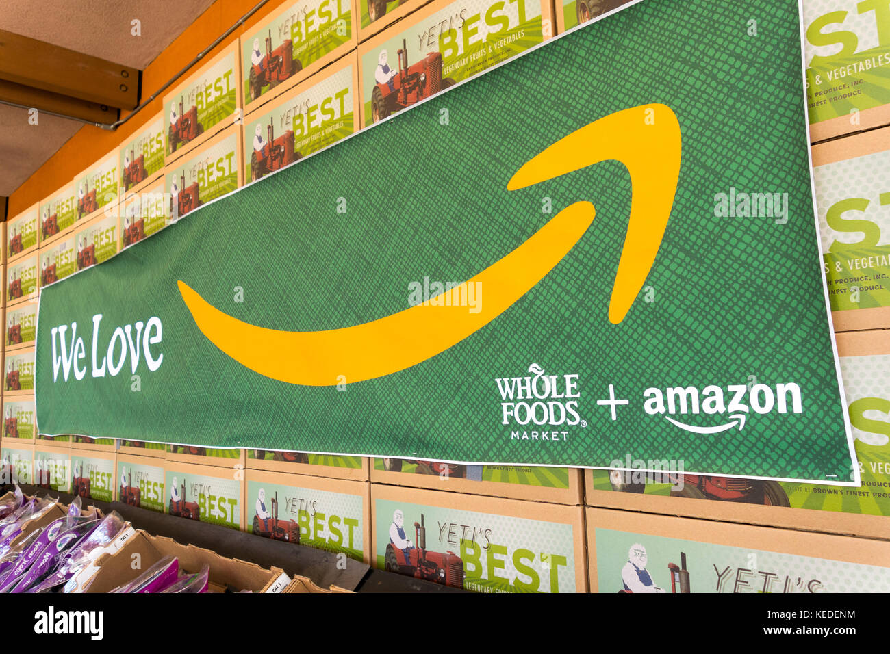 Amazon and Whole Foods sign on Cupertino Whole Foods Market Store Stock Photo