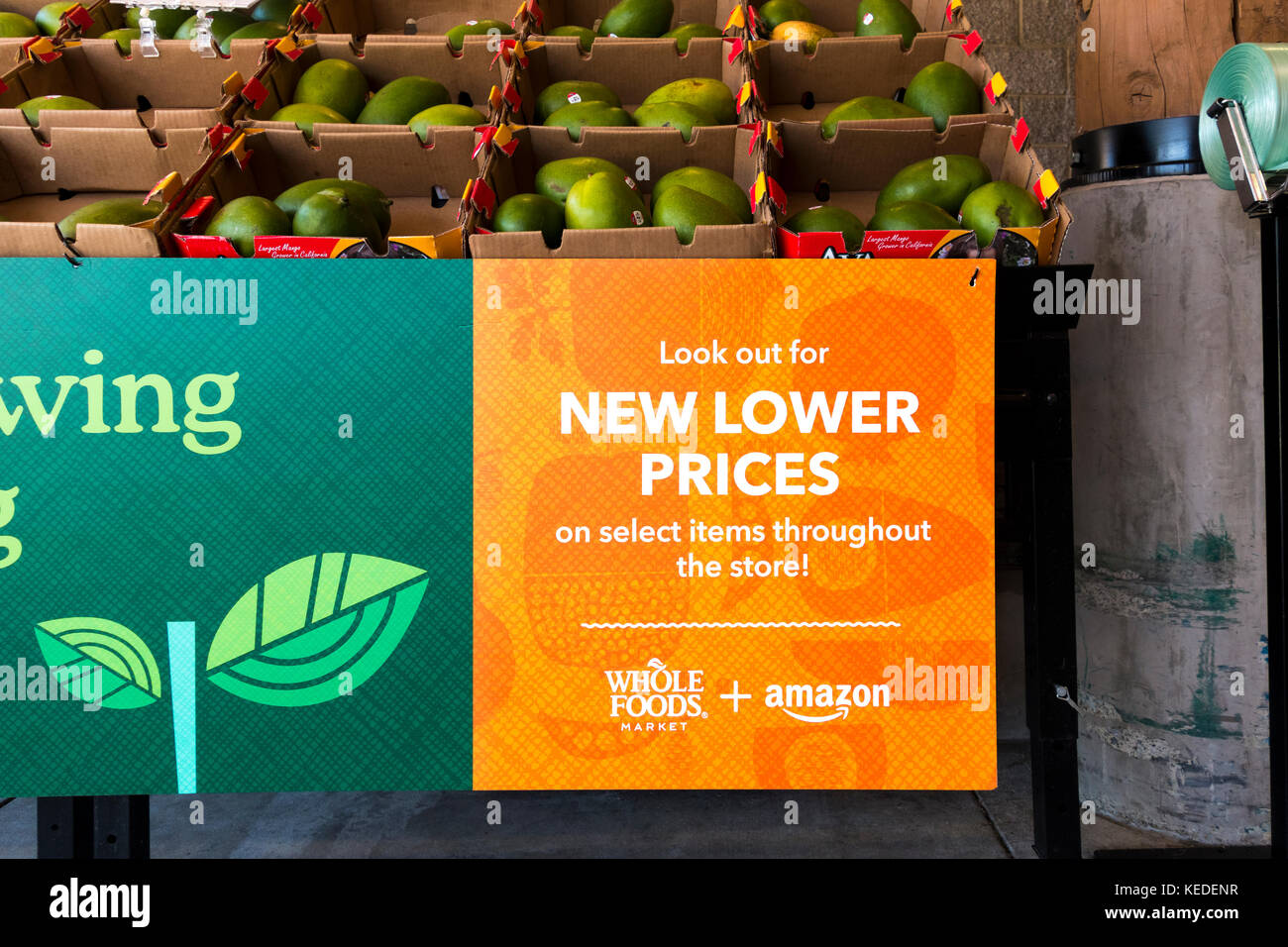 Amazon and Whole Foods sign on Cupertino Whole Foods store Stock Photo