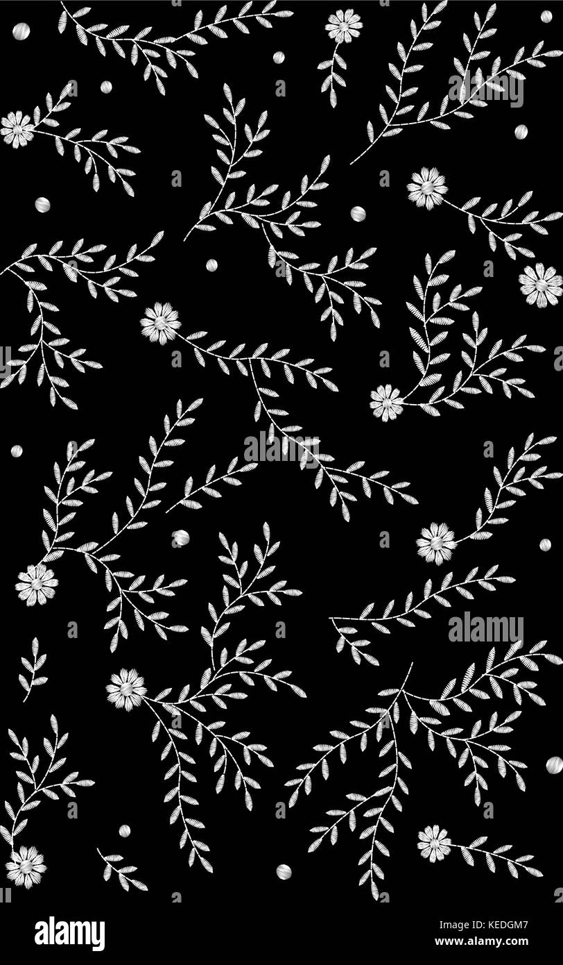 White embroidery print texture flower branches arrangement leaves. Fashion ornament decoration reflection necklace symmetric vintage floral black background vector illustration Stock Vector