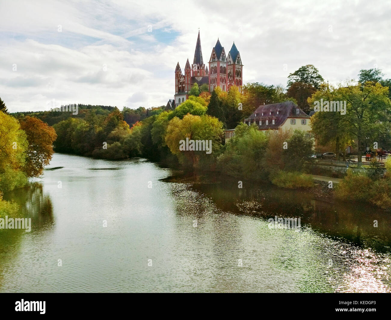 Panoramic view to Lahn and Limburg Cathedral. Stock Photo