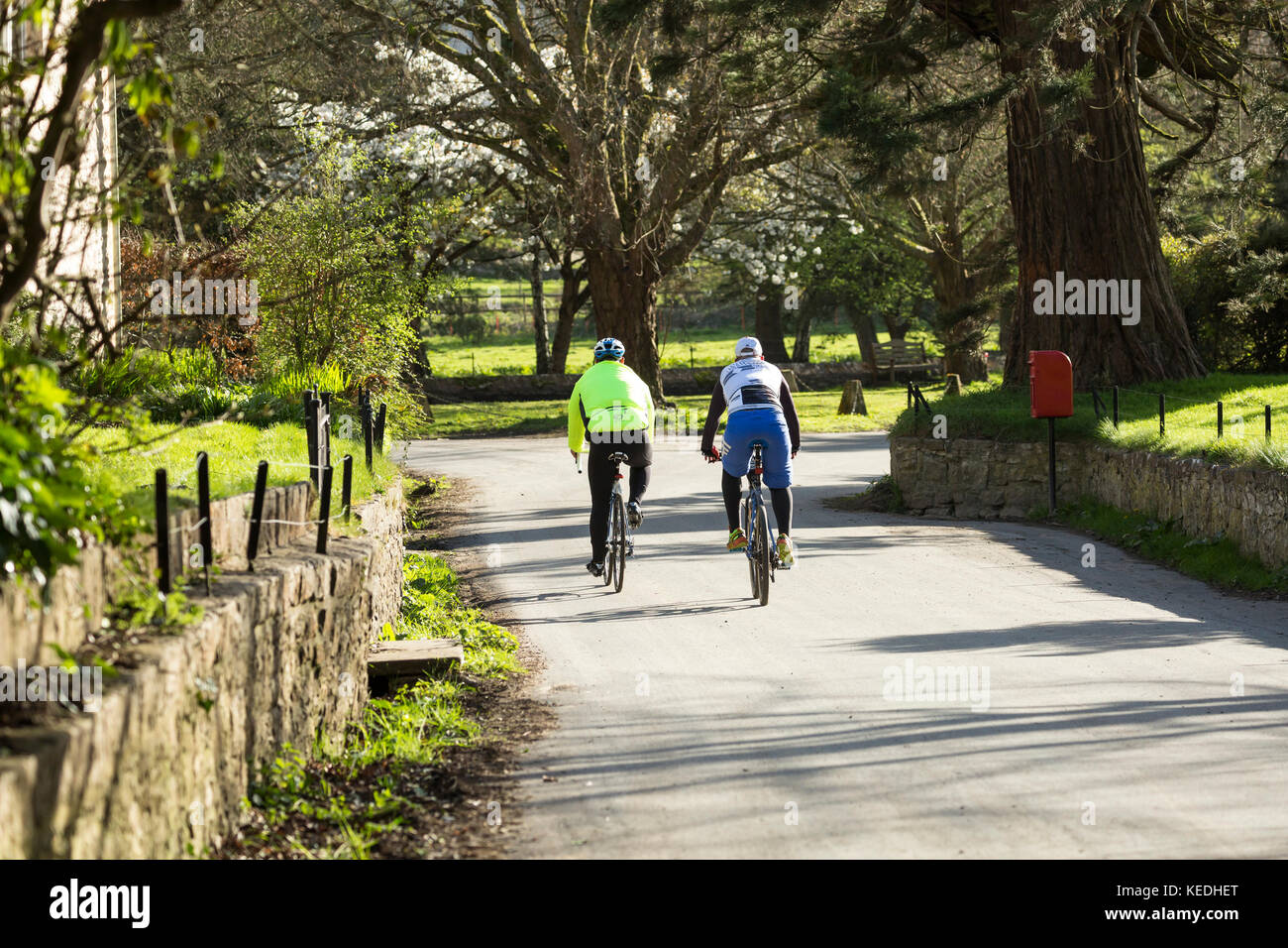 cyclists on country lane ride in sunshine Stock Photo