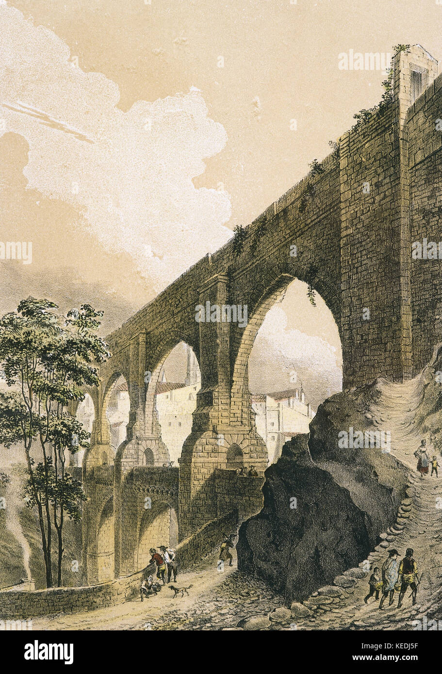 Spain. Aragon. Teruel. Los Arcos Aqueduct. One of the most relevant engineering works of the Spanish Renaissance. It was built between 1537-1558. In 1551 was commissioned the resumption of the construction to the architect Quinto Pierres Bedel (1543-1567). Engraving by Parcerisa, 19th century. Color Lithography. Stock Photo