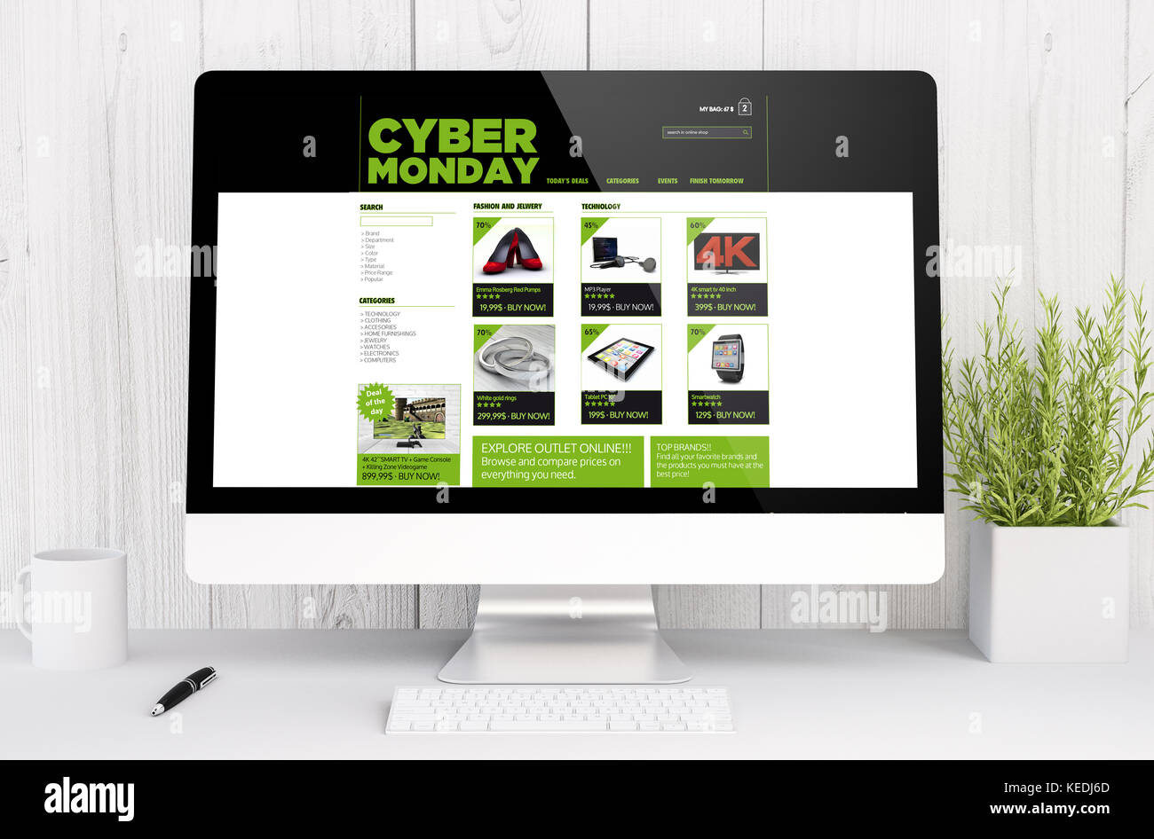 3d rendering cyber monday website on computer. All screen graphics are made up. Stock Photo