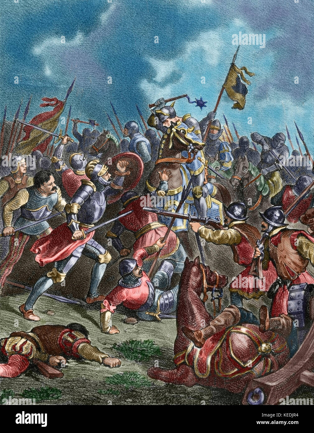The Italian War of 1542-1546. Battle of Ceresole, 11 April, 1544. The French army, commanded by François de Bourbon (1519-1546), Count of Enghien, defeated the combined forces of the Holy Roman Empire and Spain, commanded by Alfonso d'Avalos d'Aquino (1502-1546), Marquis del Vasto. Engraving. Colored. Stock Photo