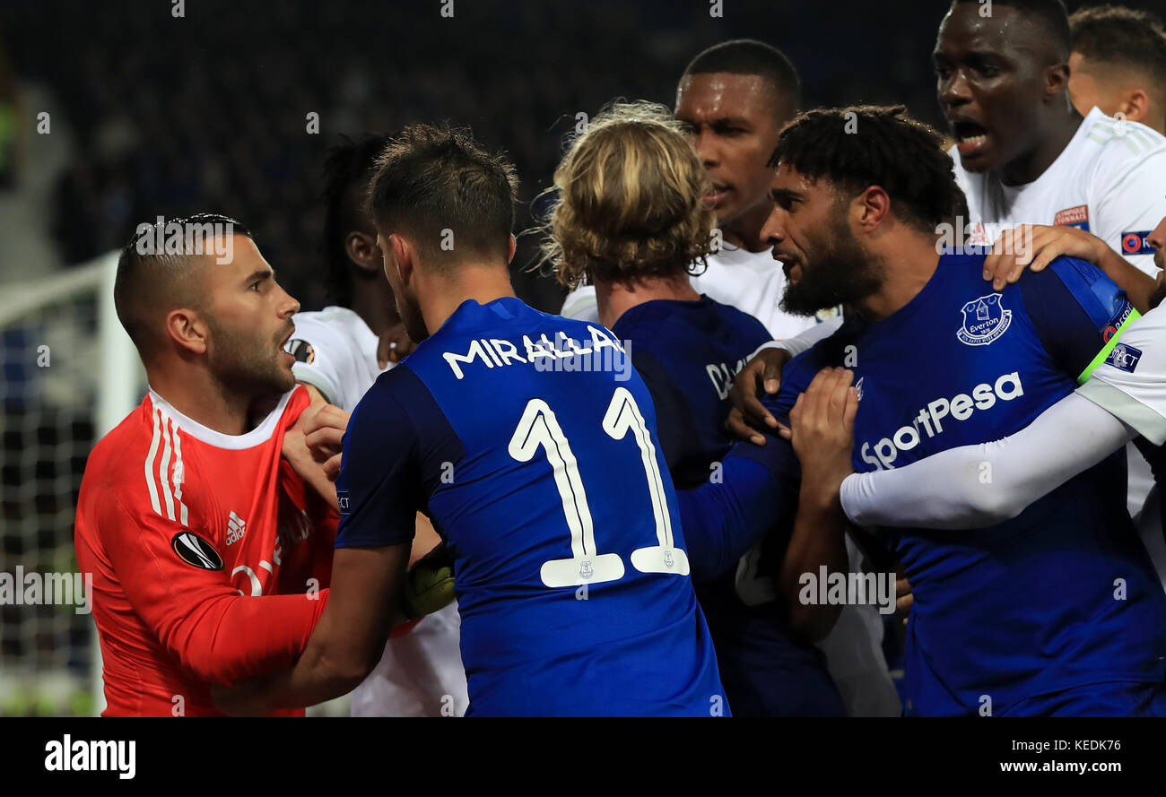 Everton's Ashley Williams clashes with Olympique Lyonnais goalkeeper Anthony Lopes during the UEFA Europa League, Group E match at Goodison Park, Liverpool. Stock Photo