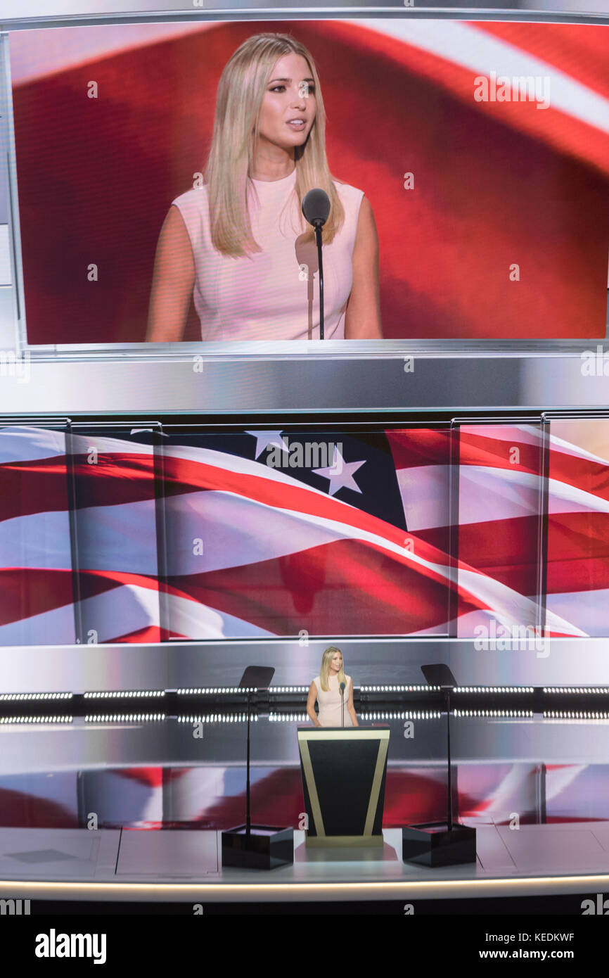 Ivanka Trump, daughter of GOP Presidential candidate Donald Trump addresses delegates on the final day of the Republican National Convention July 21, 2016 in Cleveland, Ohio. Stock Photo