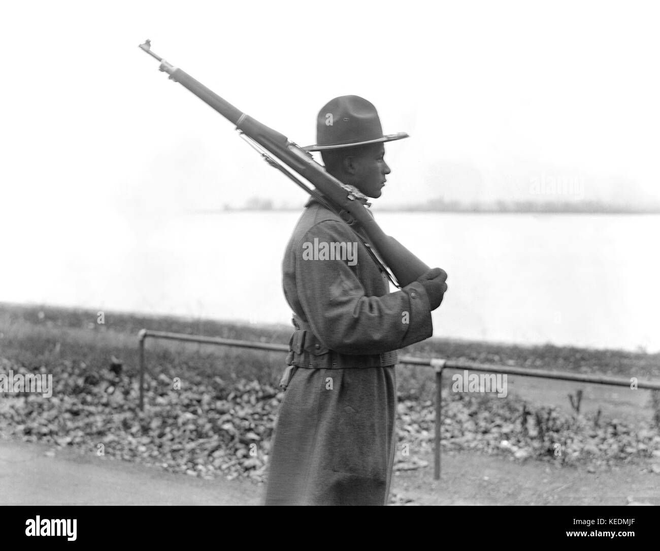 African-American U.S. Army Soldier,Profile with Rifle,USA,Harris & Ewing,1917 Stock Photo