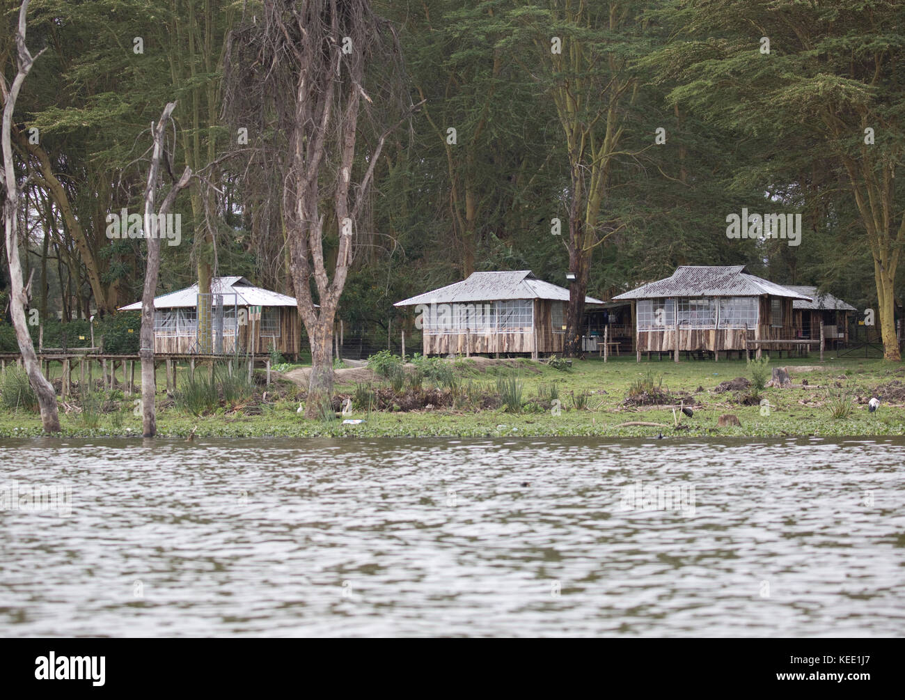 Chinese tourist lodges constructed on shore of Lake Naivasha Kenya Stock Photo