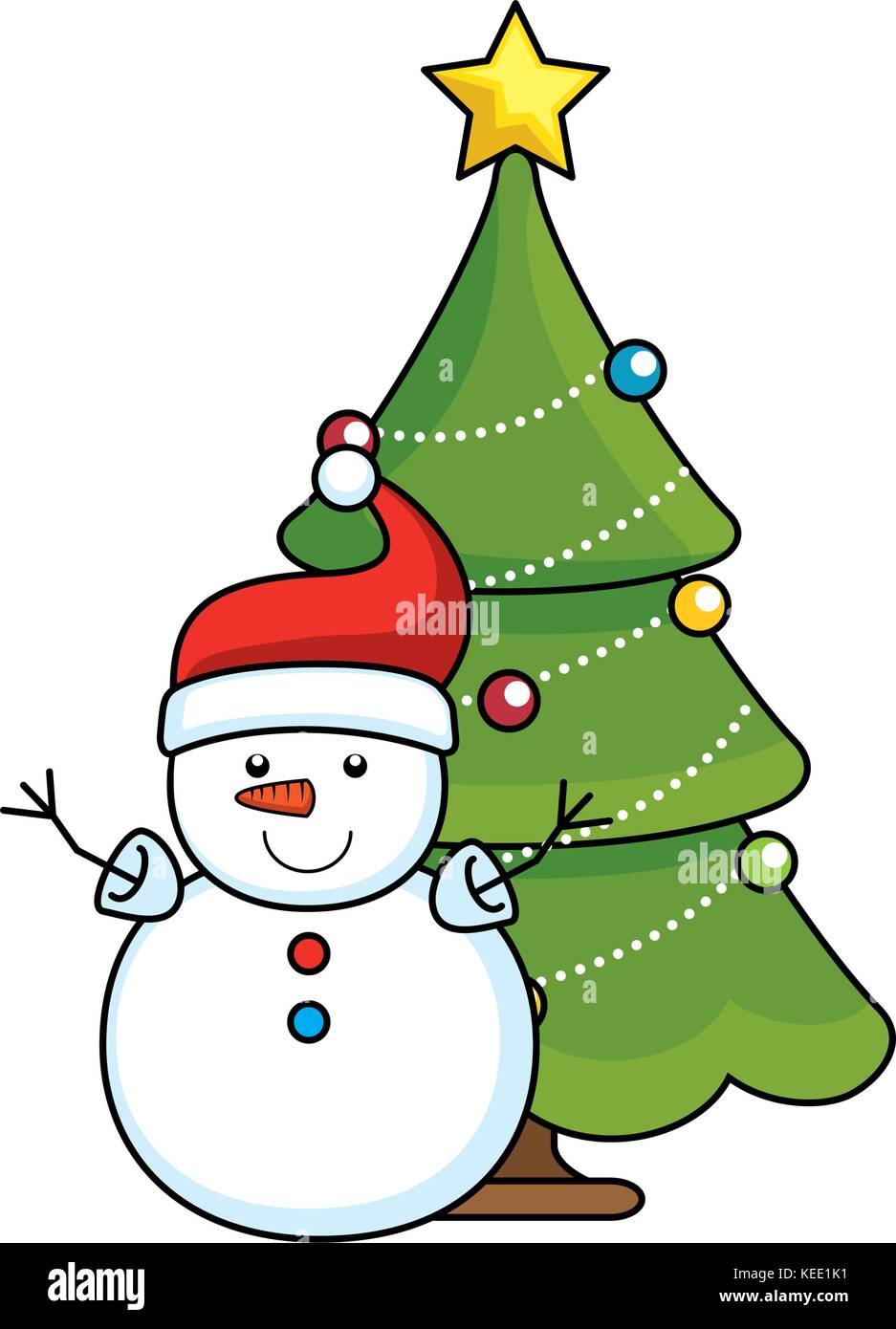 merry christmas pine tree with snowman character vector illustration ...