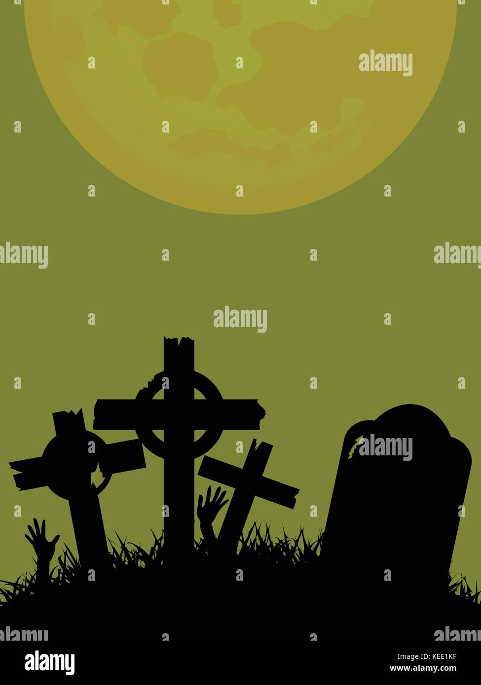 Halloween Green Background with Rotten Tombstone and Crosses in a Field with Zombie Hands and Moon Stock Vector