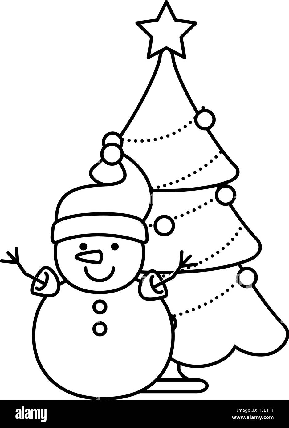 merry christmas pine tree with snowman character vector illustration ...
