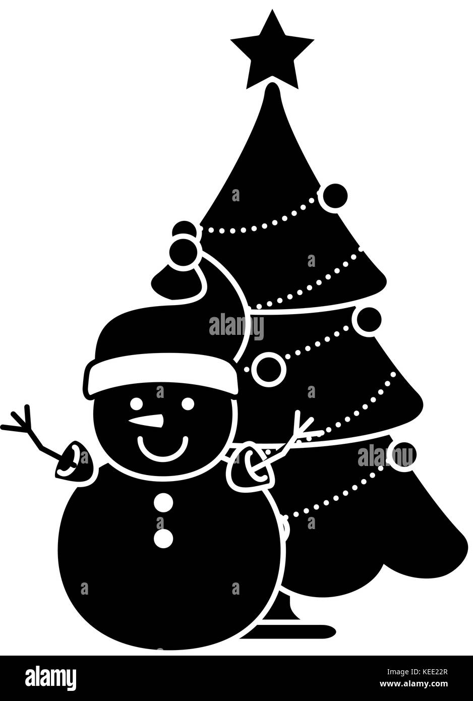 merry christmas pine tree with snowman character vector illustration ...