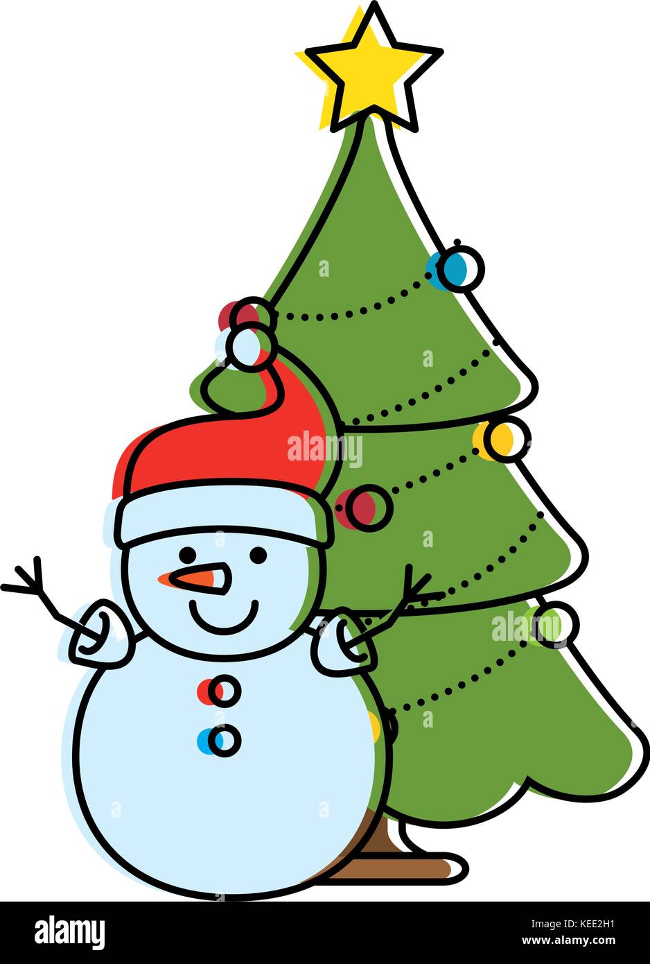 merry christmas pine tree with snowman character vector illustration ...