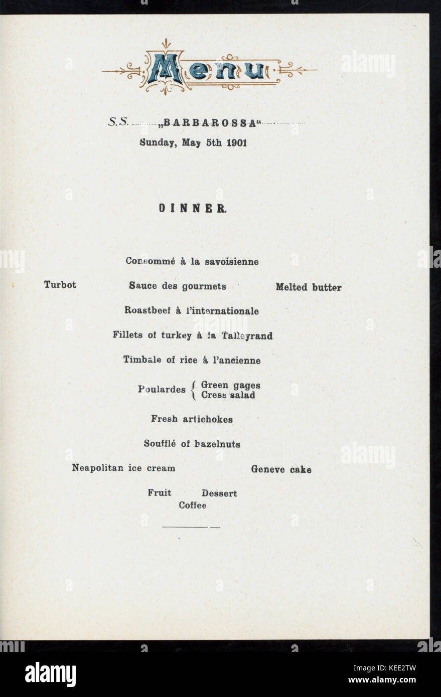 MITTAGESSEN   DINNER (held by) NORDDEUTSCHER LLOYD BREMEN (at)  DAMPFER  BARBAROSSA  (SS;) (NYPL Hades 276233 4000013512) Stock Photo