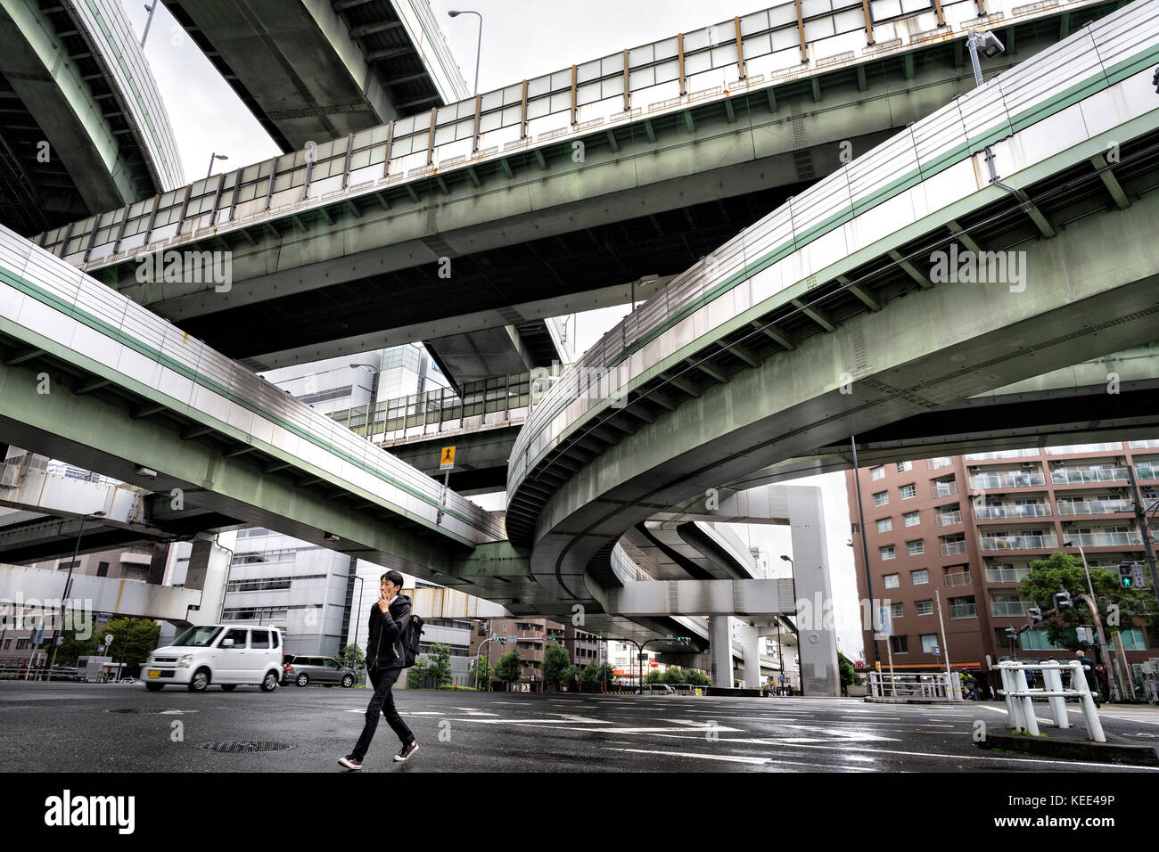 Japan, Honshu island, Kansai, Osaka, elevated expressways downtown. Stock Photo