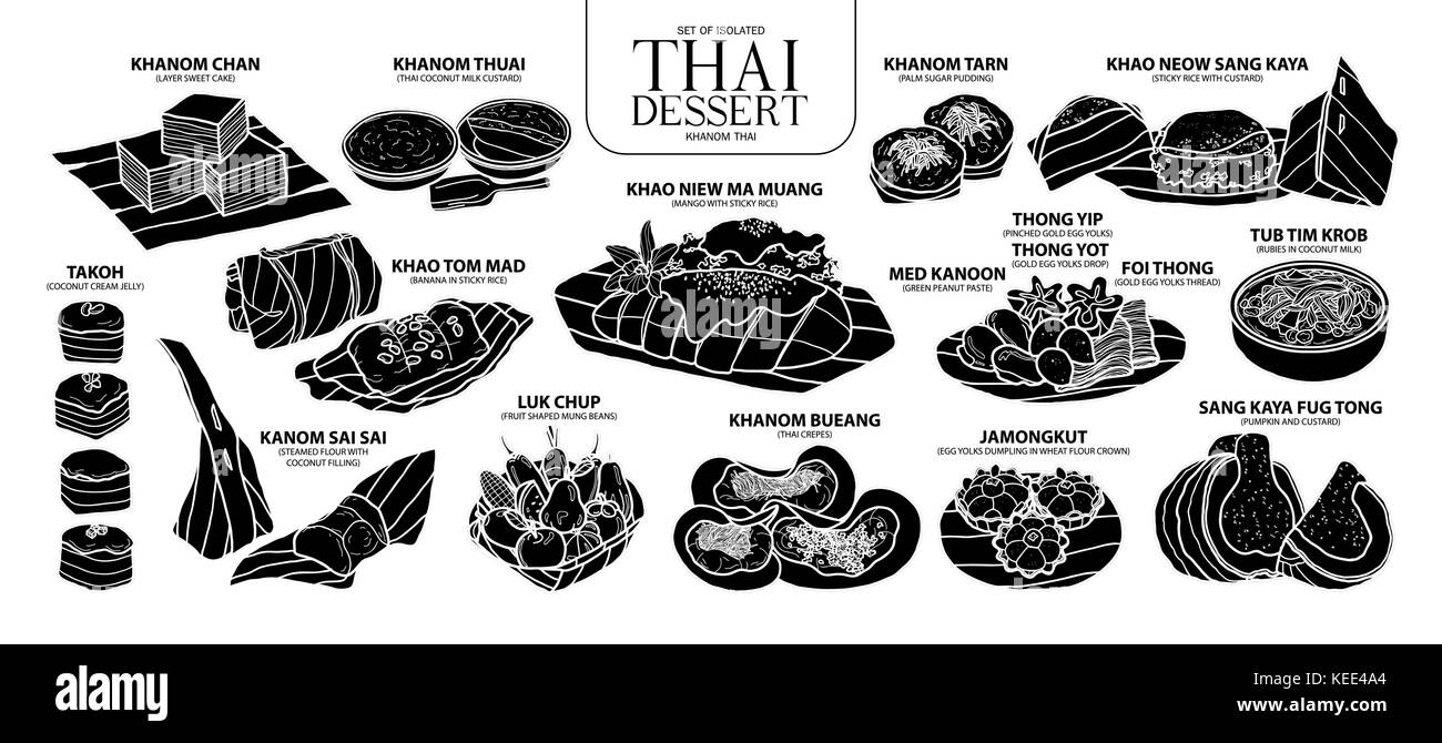 Set of isolated silhouette Thai dessert in 14 menu. Cute hand drawn food vector illustration in white outline and black plane on white background. Stock Vector