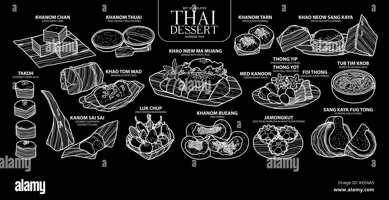 Set of isolated Thai dessert in 14 menu. Cute hand drawn food vector illustration in white outline on black background. Stock Vector