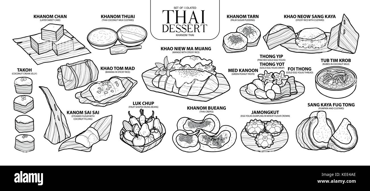 Set of isolated Thai dessert in 14 menu. Cute hand drawn food vector illustration in black outline and white plane on white background. Stock Vector