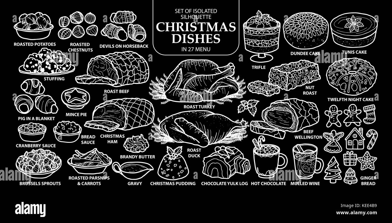 Set of isolated traditional English style Christmas dishes in 27 menu. Cute hand drawn food vector illustration in white outline on black background. Stock Vector