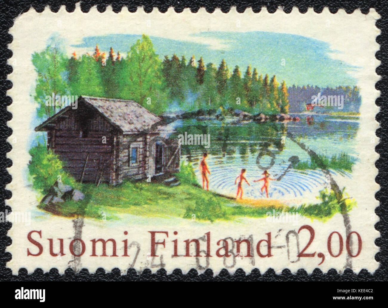 A postage stamp printed in FINLAND  shows Sauna by the lake,circa 1981 Stock Photo