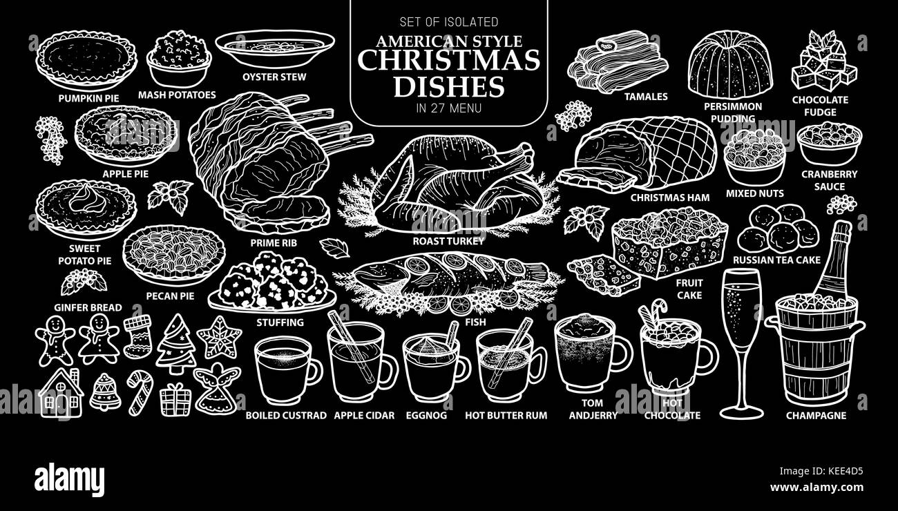 Set of isolated traditional American style Christmas dishes in 27 menu. Cute hand drawn food vector illustration in white outline on black background. Stock Vector
