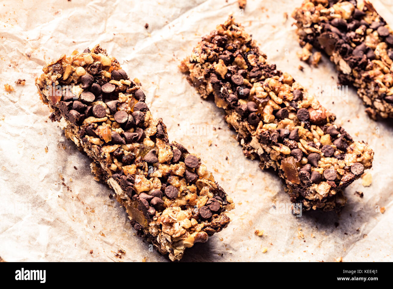healthy homemade muesli bar with cereals, chocolate drops and copy
