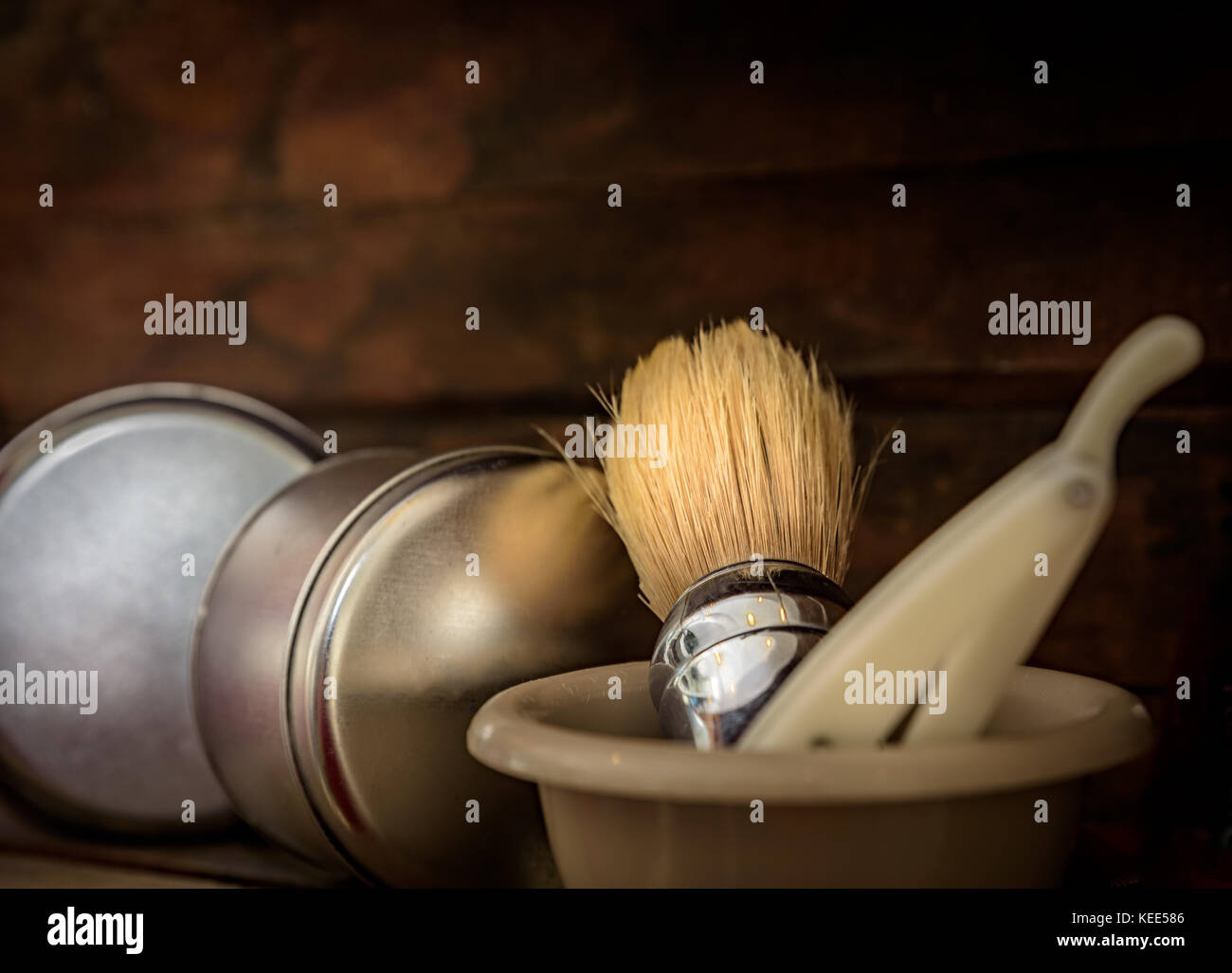 barber shop accessories with razor and soap brush Stock Photo Alamy