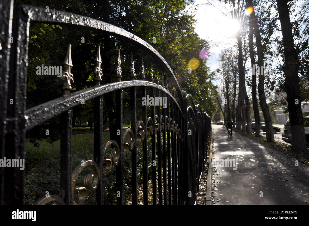 Fence of a city Park in the fall Stock Photo - Alamy