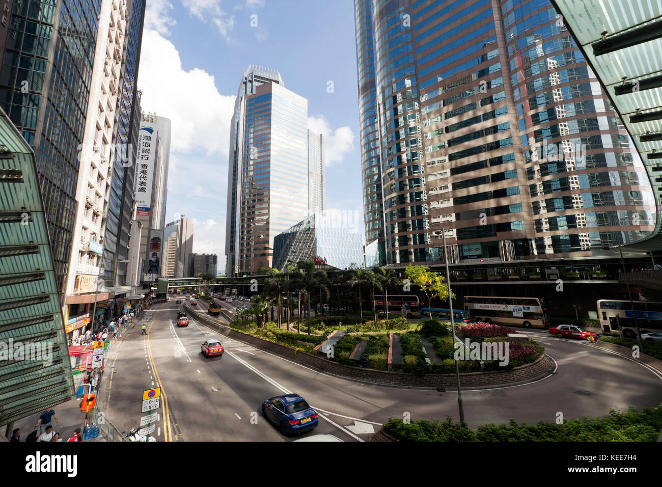Wide-Angle view of Connaught Road, in Hong Kong's Central Business District, taken from the Central  Elevated Walkway Stock Photo