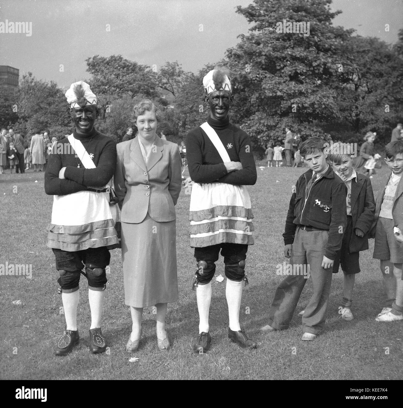 The Britannia Coco-nut Dancers or Nutters are a troupe of Lancastrian clog dancers who tradtionally dance on Easter Saturday in Bacup, Lancashire. c1958.  Photograph by Tony Henshaw From the wholly-owned original negative. Stock Photo